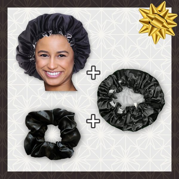 SATIN-SET - Schützen & Duschen - Schwarze Satin bonnet   Schlafhaube + Duschhaube + Scrunchie Verkauf