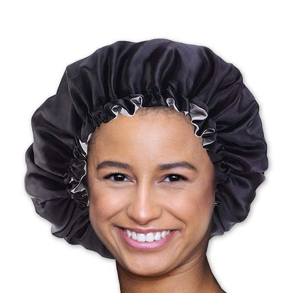 SATIN-SET - Schützen & Duschen - Schwarze Satin bonnet   Schlafhaube + Duschhaube + Scrunchie Verkauf – Bild 3